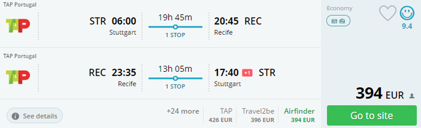 Return flights from Stuttgart to Recife, Brazil for only 394 €