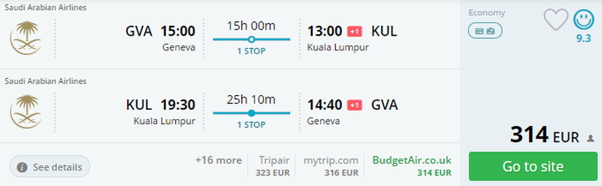 Return flights from Geneva to Kuala Lumpur for only 314 €